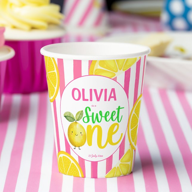 Sweet one pink lemonade birthday party paper cups (Sweet one pink lemonade lemons girls birthday party personalized paper cups first party table decor)