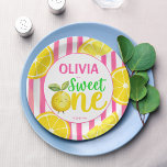 Sweet one pink lemonade birthday party paper plate<br><div class="desc">Sweet one pink lemonade first girls birthday party personalised printed paper plates template,  cute yellow lemon pink border summer first birthday party plates personalised table decor</div>