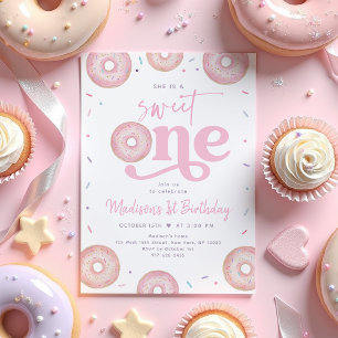 Sweet One Pink Pastel Doughnut First Birthday Invitation