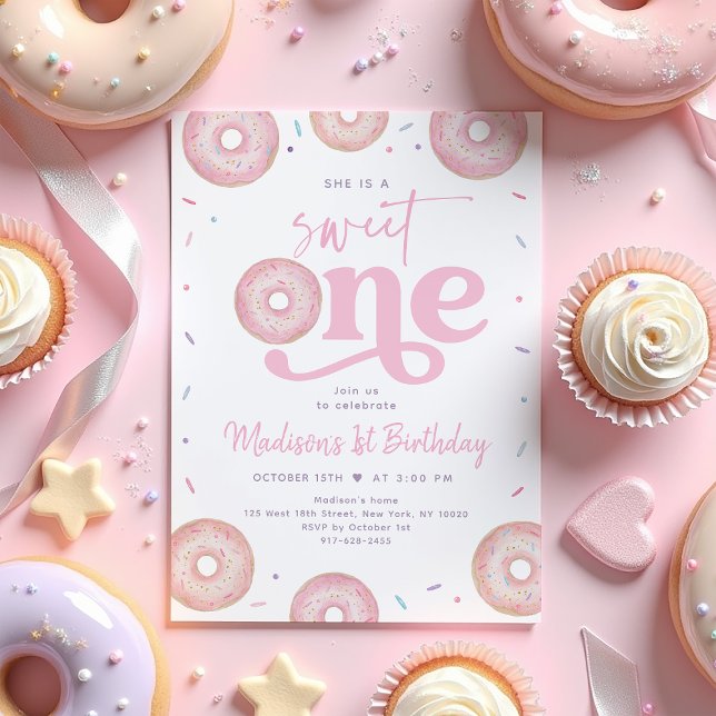 Sweet One Pink Pastel Doughnut First Birthday Invitation (Creator Uploaded)