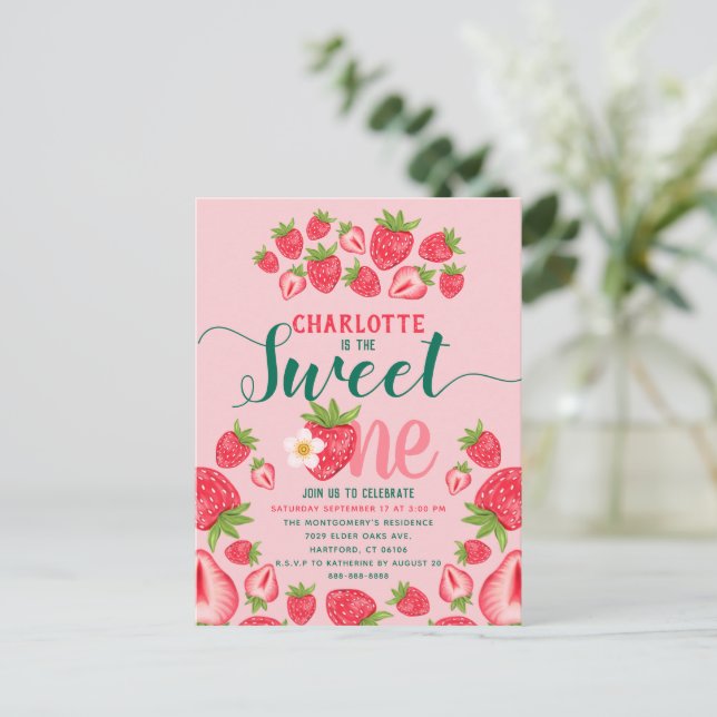 Sweet One Pink Strawberry 1st Birthday Invitation Postcard (Standing Front)
