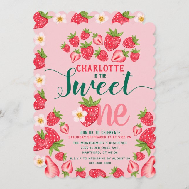 Sweet One Pink Strawberry Cute 1st Birthday Party Invitation (Front/Back)