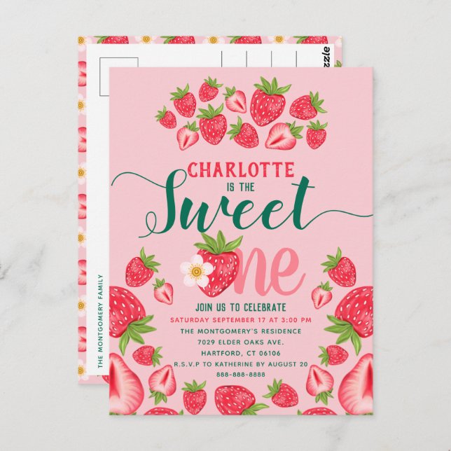 Sweet One Pink Strawberry Cute 1st Birthday Party  Postcard (Front/Back)