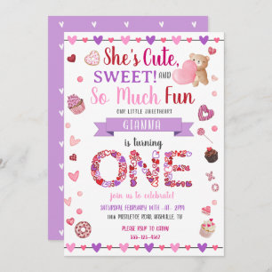 Sweet One Purple 1st Birthday Valentine's Invitation