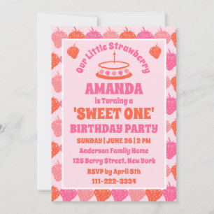 Sweet One: Retro Strawberry First Birthday Party Invitation