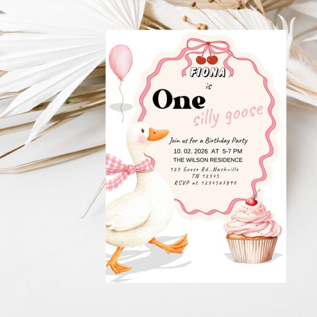 Sweet ONE Silly Goose Baby Girl 1st Birthday Party Invitation (Creator Uploaded)