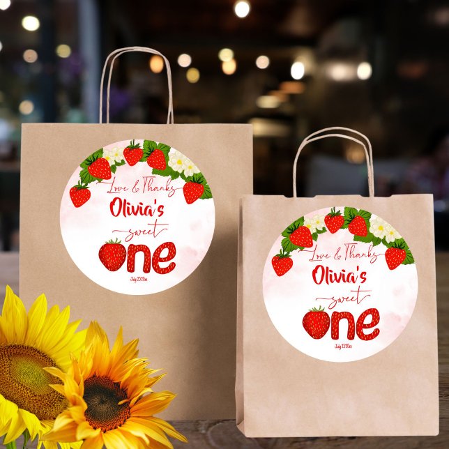 Sweet one strawberry birthday party favour classic round sticker (Sweet one strawberry birthday party thank you favor sticker personalized printed favor stickers)