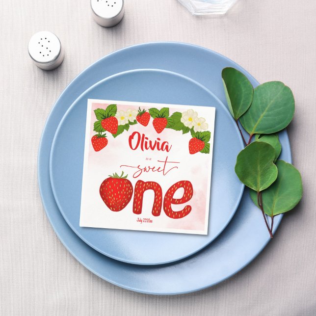 Sweet one strawberry birthday party printed napkin (Sweet one strawberry summer garden girls birthday party printed napkins template personalized decor)