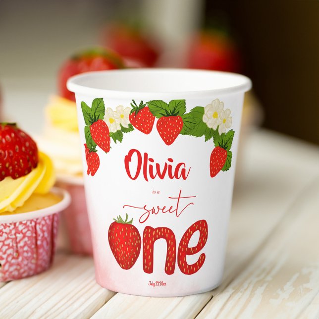 Sweet one strawberry birthday party printed paper cups (Sweet one girls strawberry birthday party printed paper cups personalized tableware decor)