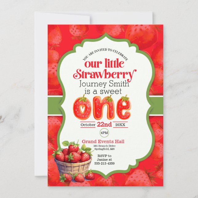 Sweet One Strawberry first birthday invitation (Front)
