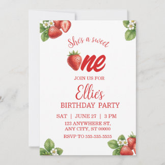Sweet one strawberry first Birthday Invitation