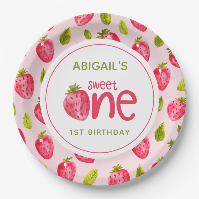 Sweet One Strawberry First Birthday Paper Plate (Front)