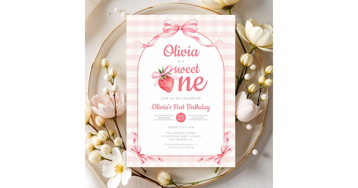 Sweet One Strawberry Girl 1st Birthday Invitation | Zazzle