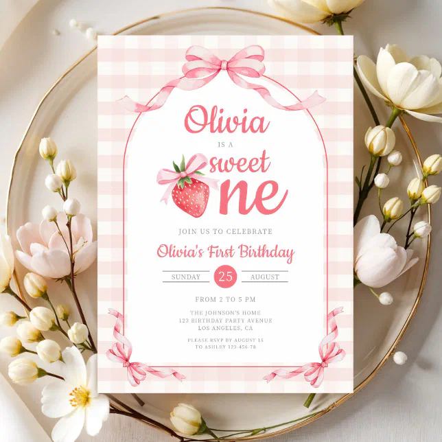 Sweet One Strawberry Girl 1st Birthday Invitation | Zazzle