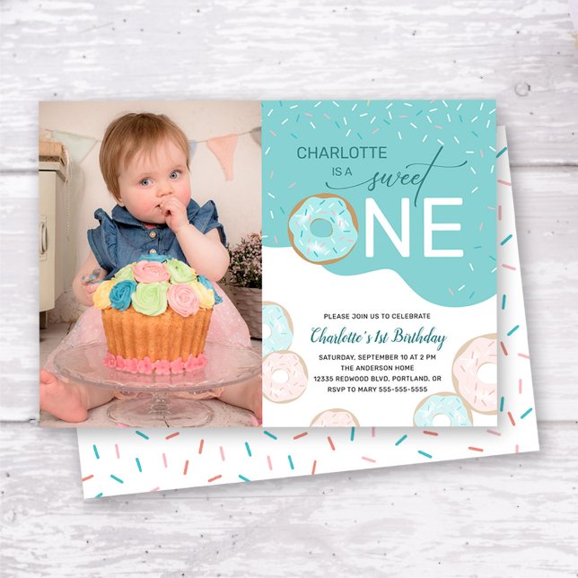 Sweet One Teal Frosting Photo Girl's 1st Birthday Invitation (Creator Uploaded)