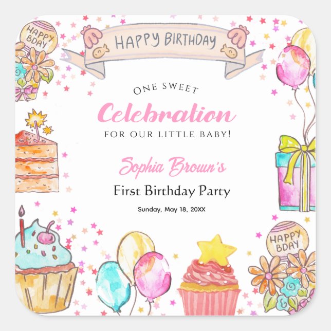 Sweet One Theme girl's 1st Birthday Pink Square Sticker (Front)