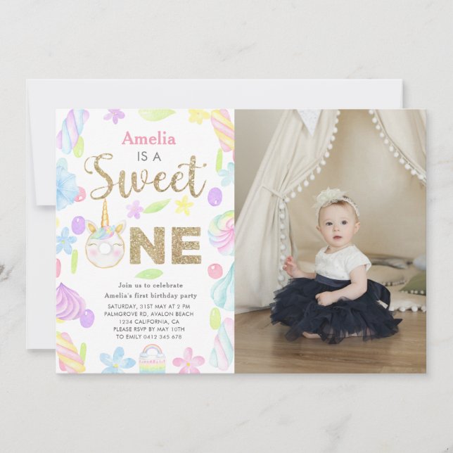 Sweet One Unicorn Doughnut Photo 1st Birthday Invitation (Front)