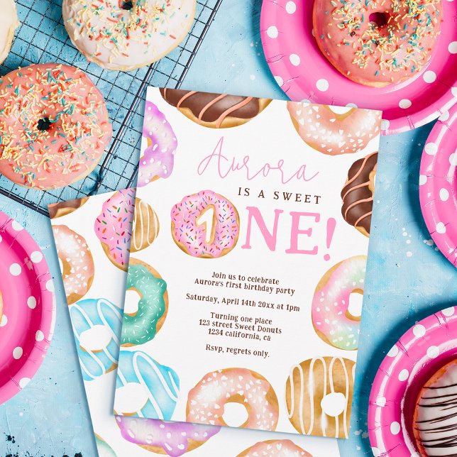 Sweet One watercolor cute doughnuts 1st birthday  Invitation (Creator Uploaded)