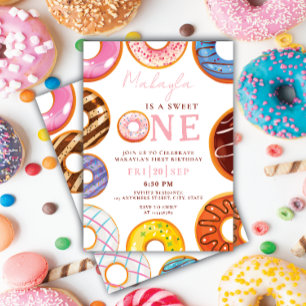 Sweet One watercolor cute doughnuts 1st chic birth Invitation