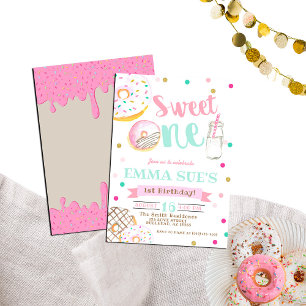 Sweet One Watercolor Doughnut 1st Birthday Invitation