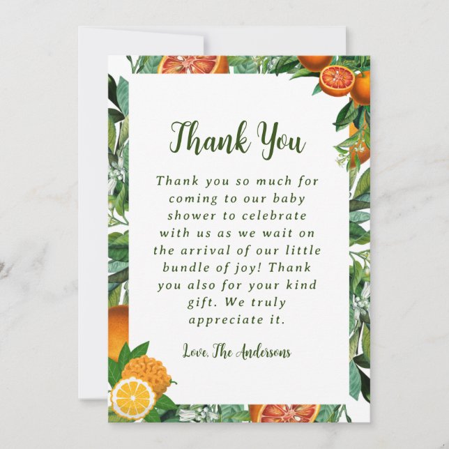 Sweet Orange Baby Shower Thank You Card (Front)