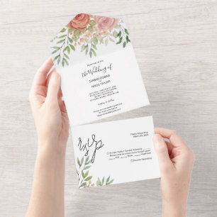 Sweet Orange Blush Roses Watercolor Hand-painted All In One Invitation