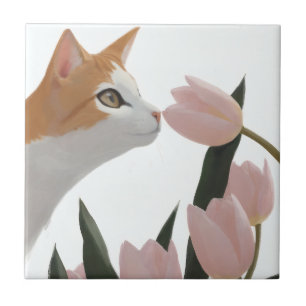 Sweet Orange Cat Spring Theme Ceramic Tile
