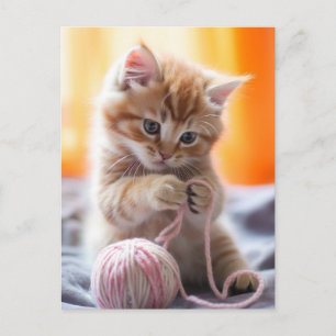 Sweet orange kitten playing with yarn postcard