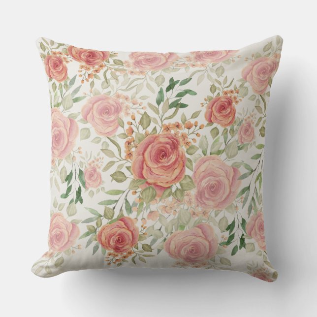 Sweet Orange Light And Blush Roses Watercolor Cushion (Front)