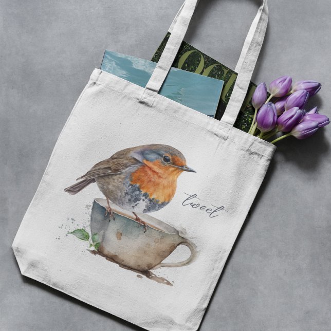 Sweet Orange Robin Bird Teacup Watercolor Tote Bag (Creator Uploaded)
