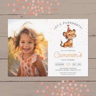 Sweet orange tiger kids birthday celebration photo invitation
