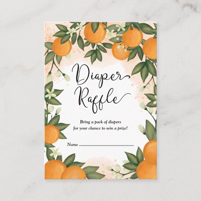 Sweet Oranges Citrus Greenery Baby Diaper Raffle Enclosure Card (Front)