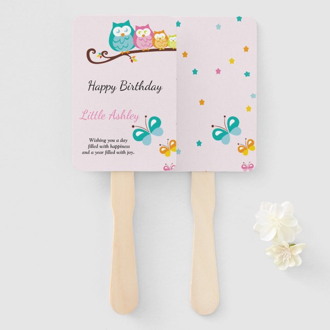 sweet owl and butterfly   birthday hand fan (Front and Back)
