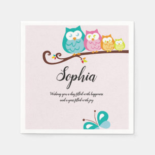 sweet owl and butterfly   birthday napkin