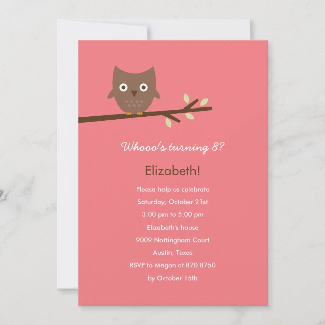 Sweet Owl Birthday Party Invitation (Pink) (Front)