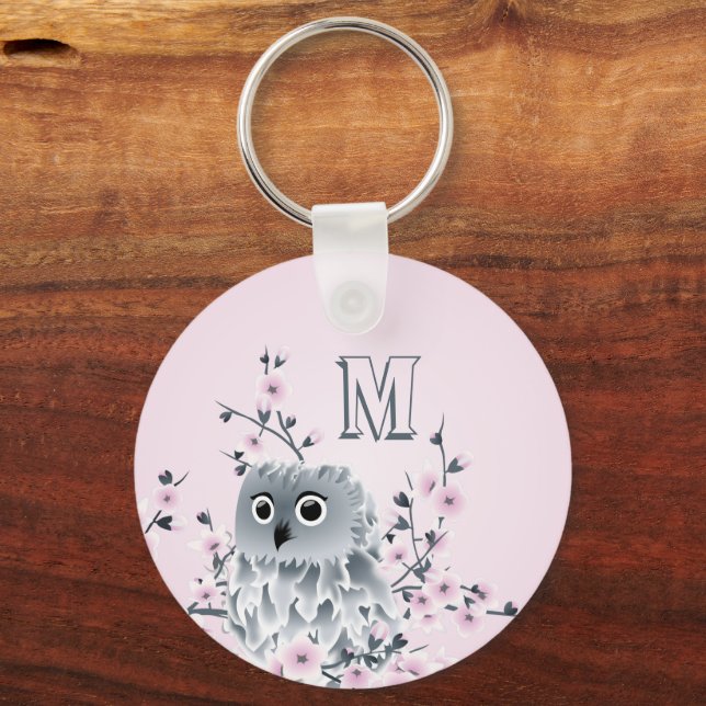 Sweet Owl Pink Girly Monogram Key Ring (Back)