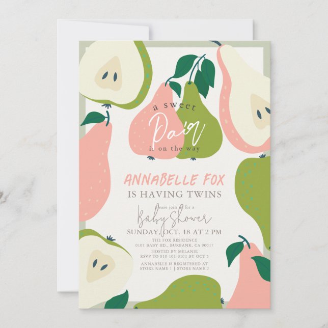 Sweet Pair Pink & Green Pear Twins Baby Shower Invitation (Front)