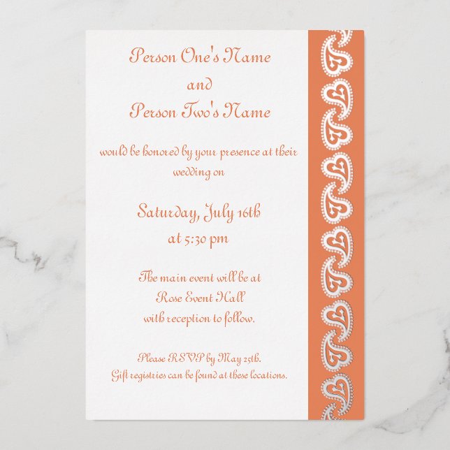 Sweet Paisley Hearts in Coral Foil Invitation (Front)