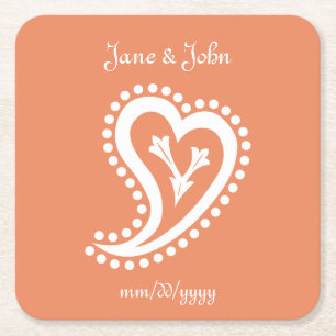 Sweet Paisley Hearts in Coral Paper Coaster