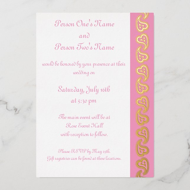 Sweet Paisley Hearts in Petal Pink Foil Invitation (Front)