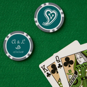 Sweet Paisley Hearts in Teal Poker Chips