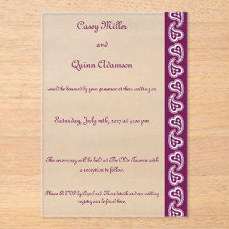 Sweet Paisley Hearts in Wine Acrylic Wedding Invitations
