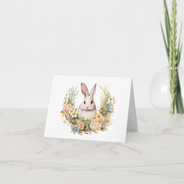 Sweet Pale Bunny Rabbit with Spring Flowers BLANK  Card (Front)
