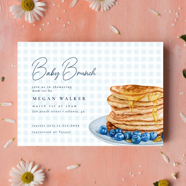 Sweet Pancake Blue Gingham Boy Baby Shower Brunch Invitation (Creator Uploaded)