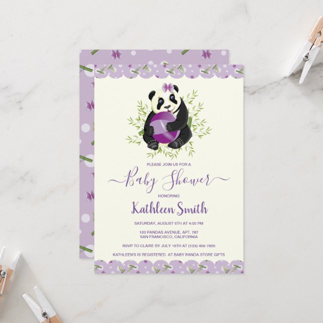 Sweet Panda Bear Baby Shower Soft Lilac Invitation (Front/Back In Situ)