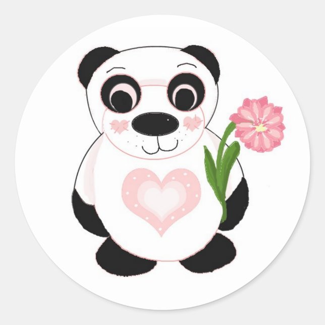 Sweet Panda Bear with Flower Classic Round Sticker (Front)