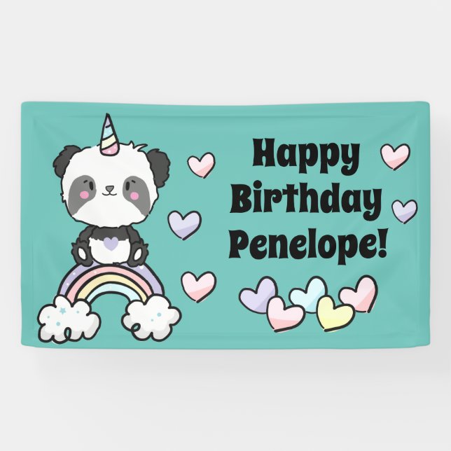 Sweet Pandacorn with Rainbow Hearts Birthday Banner (Horizontal)