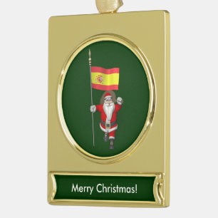 Sweet Papá Noel Waving La Rojigualda Gold Plated Banner Ornament