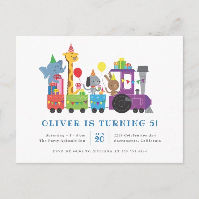 Sweet Party Animals Train Kids' Birthday Party Invitation Postcard (Front)