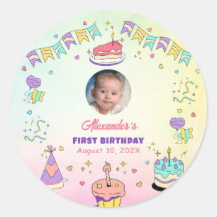 Sweet Pastel Baby Boy 1st Birthday Photo Classic Round Sticker